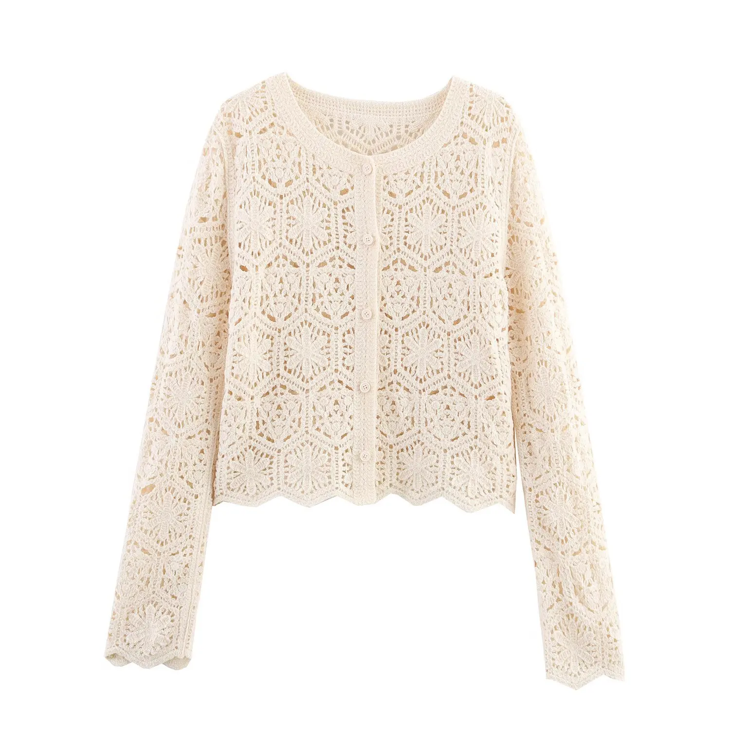 

Women's Casual Round-Neck Long-Sleeved Knitted Cardigan Open-Front Wave-Shaped Hemmed Top for Spring/Summer