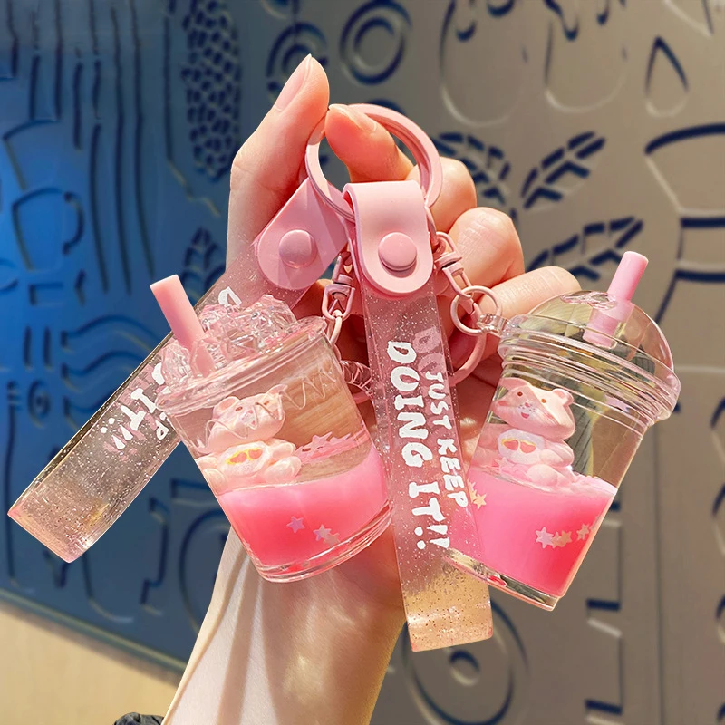 Cute Sitting Love Bear Alarm Clock Quicksand Bottle Keychain Bags for Woman Floating Star Sequin Milk Tea Cup Liquid Keys Chain