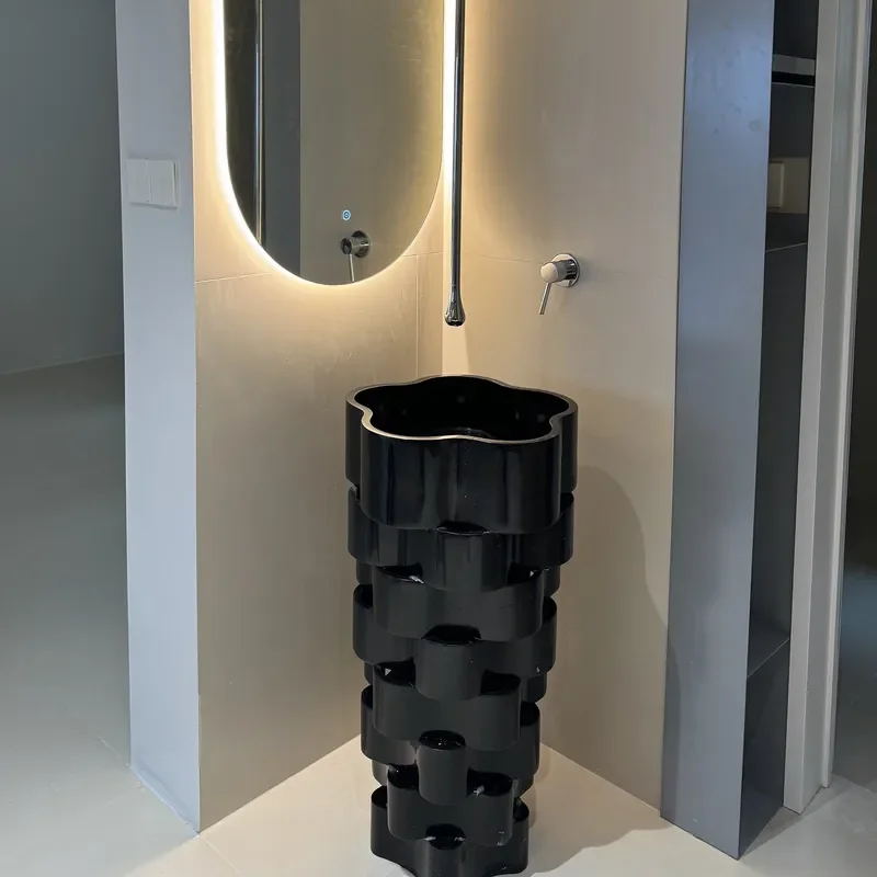 Custom Carrara Marble Integrated Column Sink Black Vein Art Basin Bathroom Washstand Pedestal Lavatory