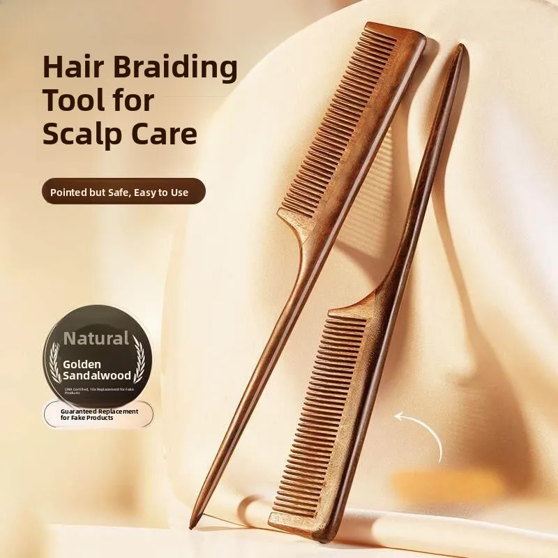 

Fine Toothed Golden Sandalwood Comb Pointed Tail Comb Professional Hairdressing Tool for Children Girls Braiding Hair Styling