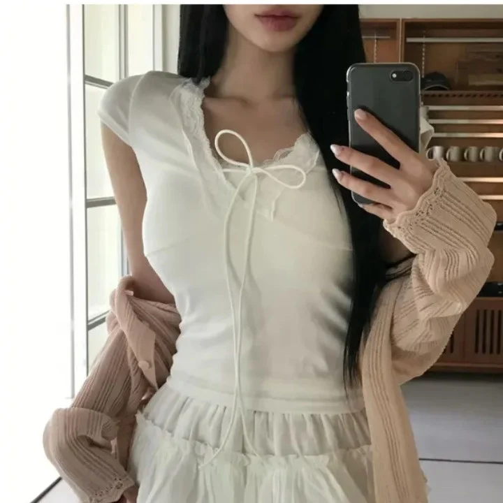 

Sweet And Cool Lace Collar Belted Design Short Sleeve Slim Fit Shirt Korean Style Pure Cotton Summer Fashion Inner Wear