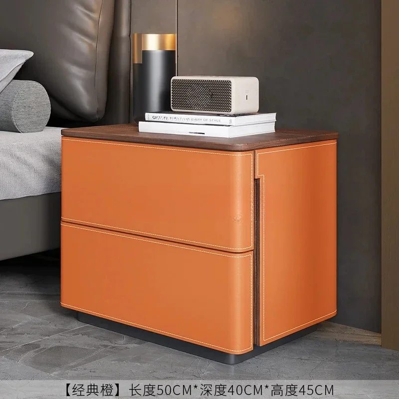 Light luxury saddle leather bedside table household small apartment high-end solid wood storage side cabinet