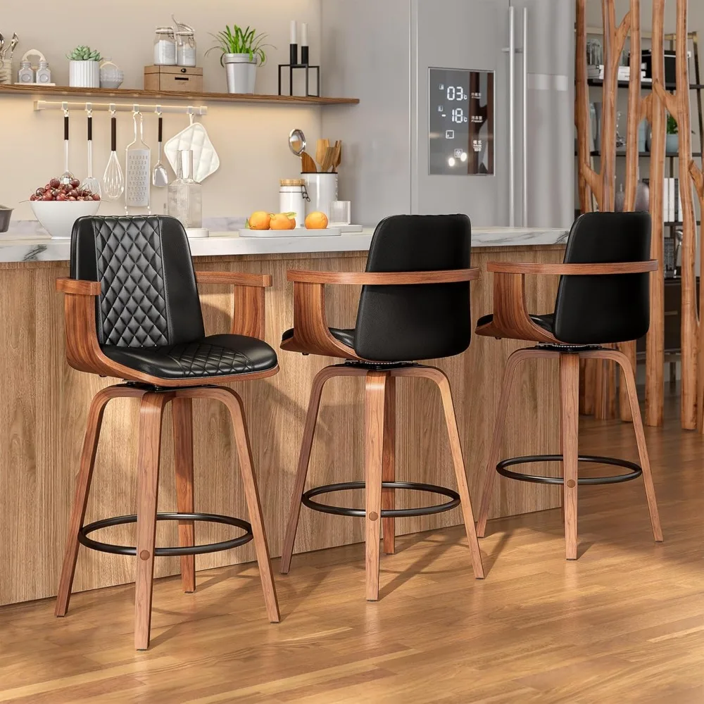 Bar Stools with Arms Set of 2, 26 inch Counter Height Bentwood Swivel Barstools with Back, Modern PU Leather Upholstered