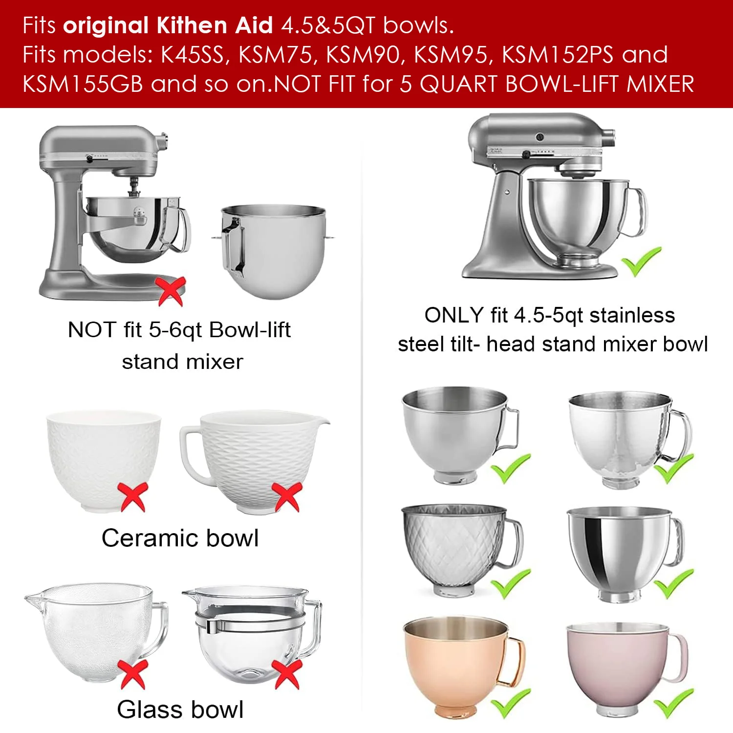 2 Pack Mixers Bowl Covers for KitchenAid 4.5-5 Quart Tilt-Head Stand Mixers Bowl Covers Lid with 1 Easy Slide Mat for Free Gift