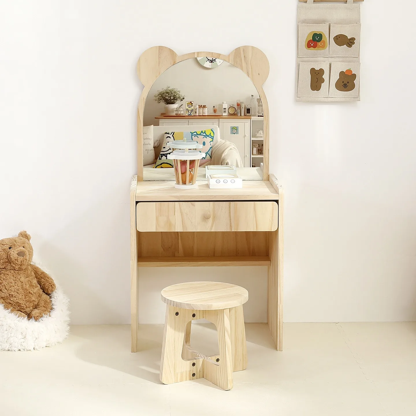 Kids Furniture Children's Makeup Table Wooden Kids Vanity Set With Stool For Girls' Princess Pretend Play