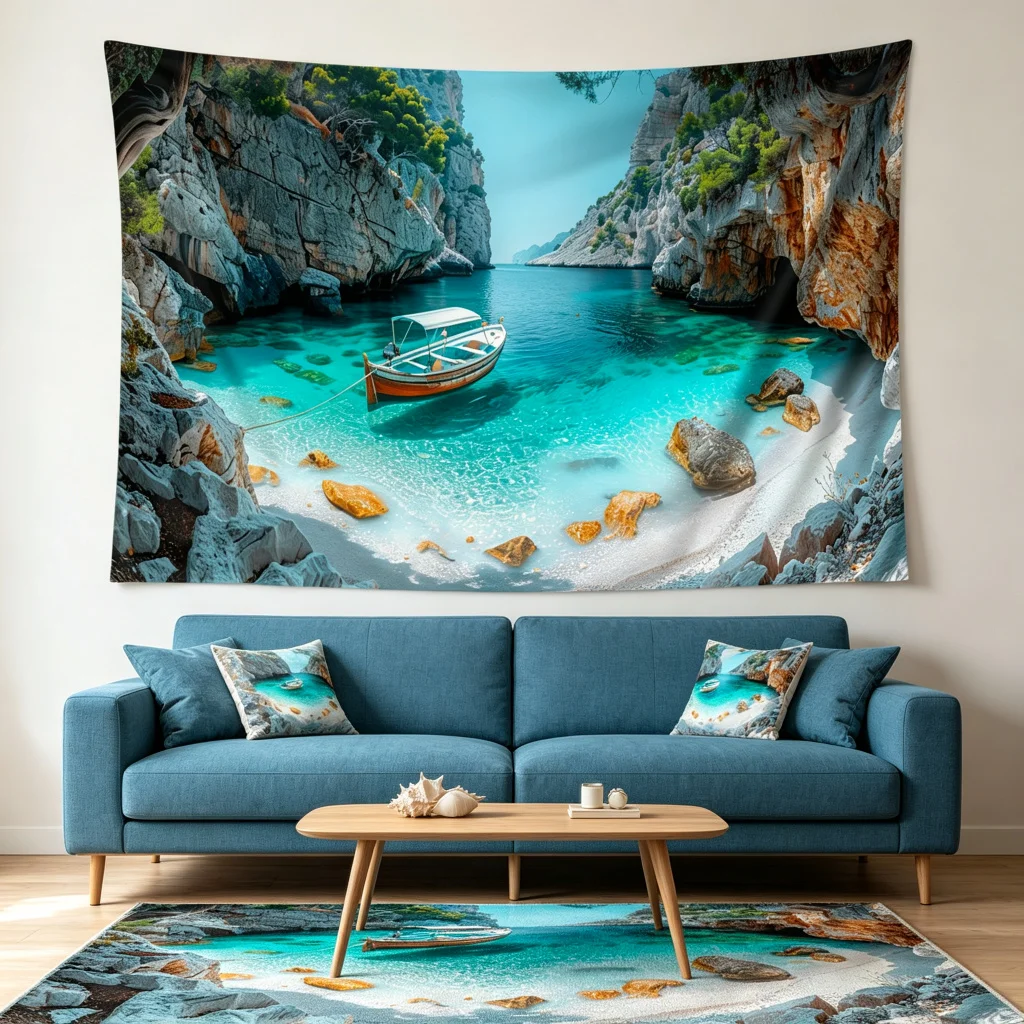 1PC Cave Beach Boat View Print Backdrop Banner, Bedroom Living Room Photo Background, Polyester, Home Decor, Wall Art