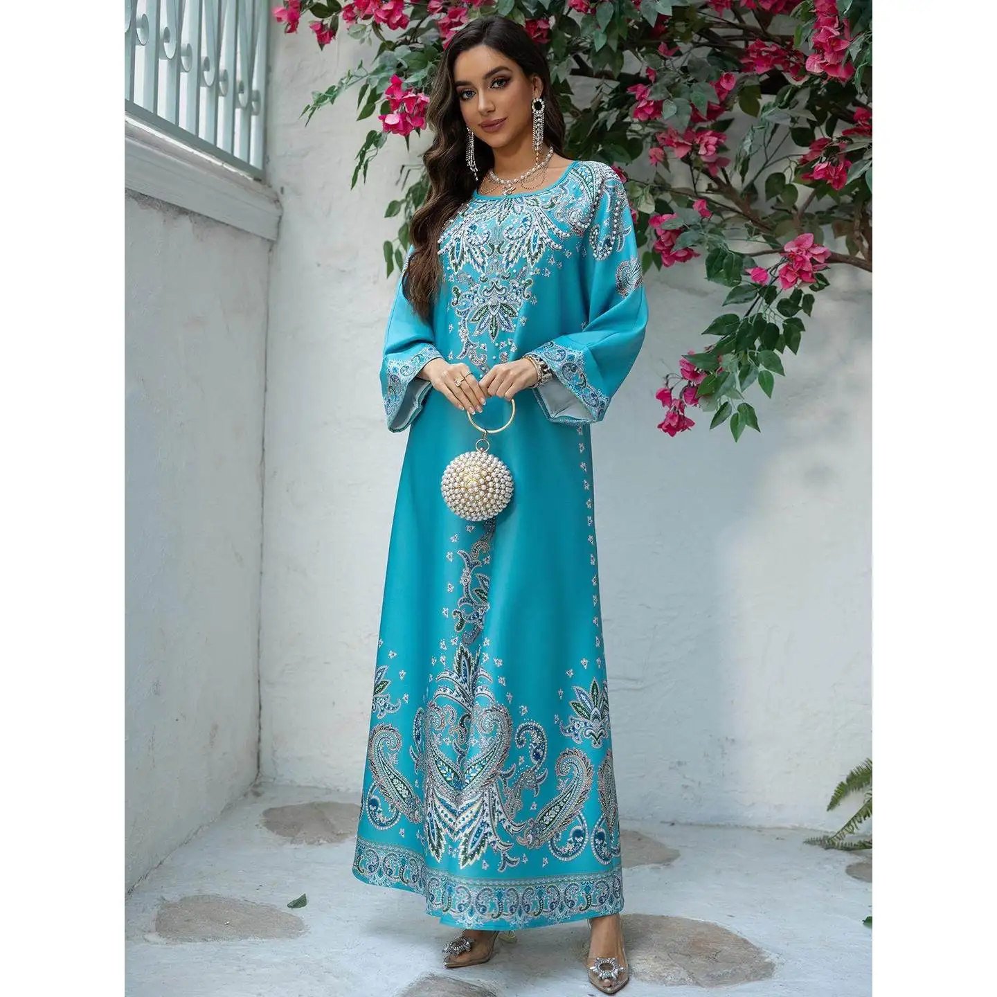 

Printed Dubai Long Evening Gown Women's Beaded Dress Middle East Rhinestone Jalabiya Ethnic Stage Costume Spring 2026