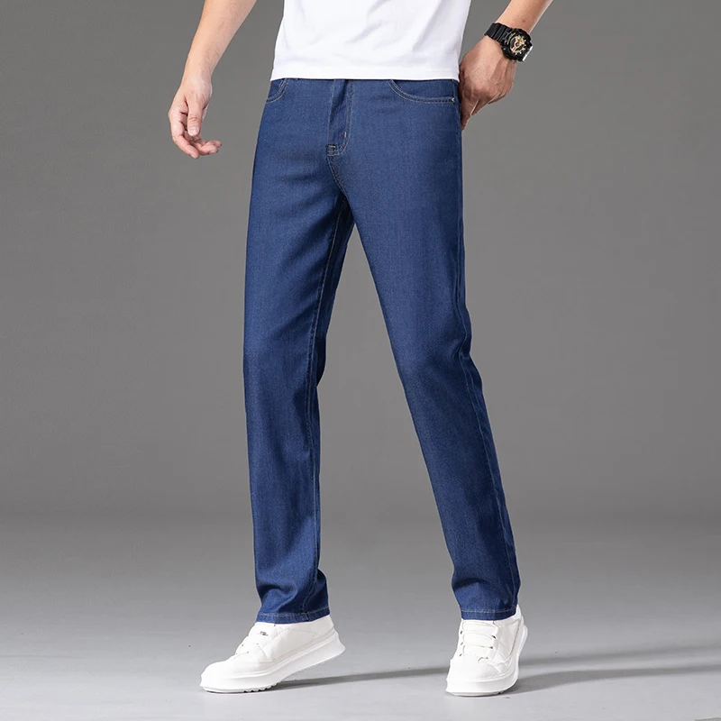 Lyocell Untr للرجال-جينز مستقيم أزرق فاتح ، بنطلون مطاطي من الدنيم ، بنطلون ماركة للذكور ، أزياء الأعمال ، الربيع ، الصيف ، #6