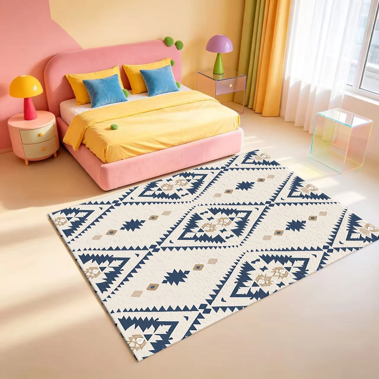 Navy Blue Beige Southwest Geometric Pattern Carpet Floor Decor Boho Aztec Seamless Home Decor Rug