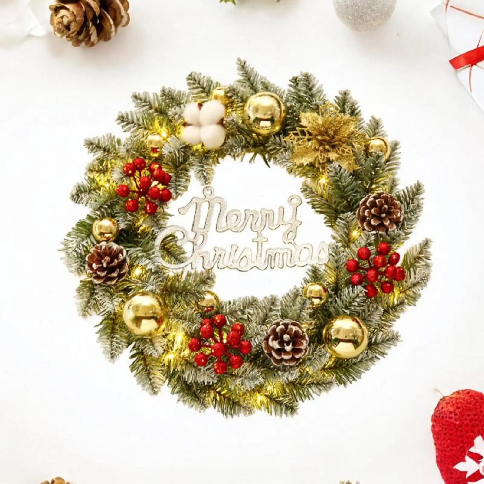 

Christmas Wreath with Light Wall Hanging 23.62" Artificial Wreath Xmas Garland for Outdoor Fireplace New Year Farmhouse Indoor