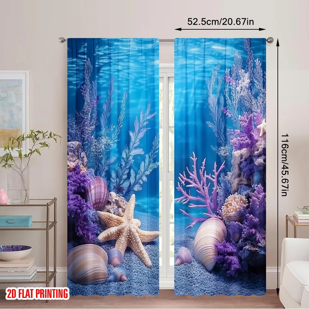 2pcs 2D flat printing Window Treatment Curtains Mysterious underwater coral landscape pattern (2) 100% Polyester Without
