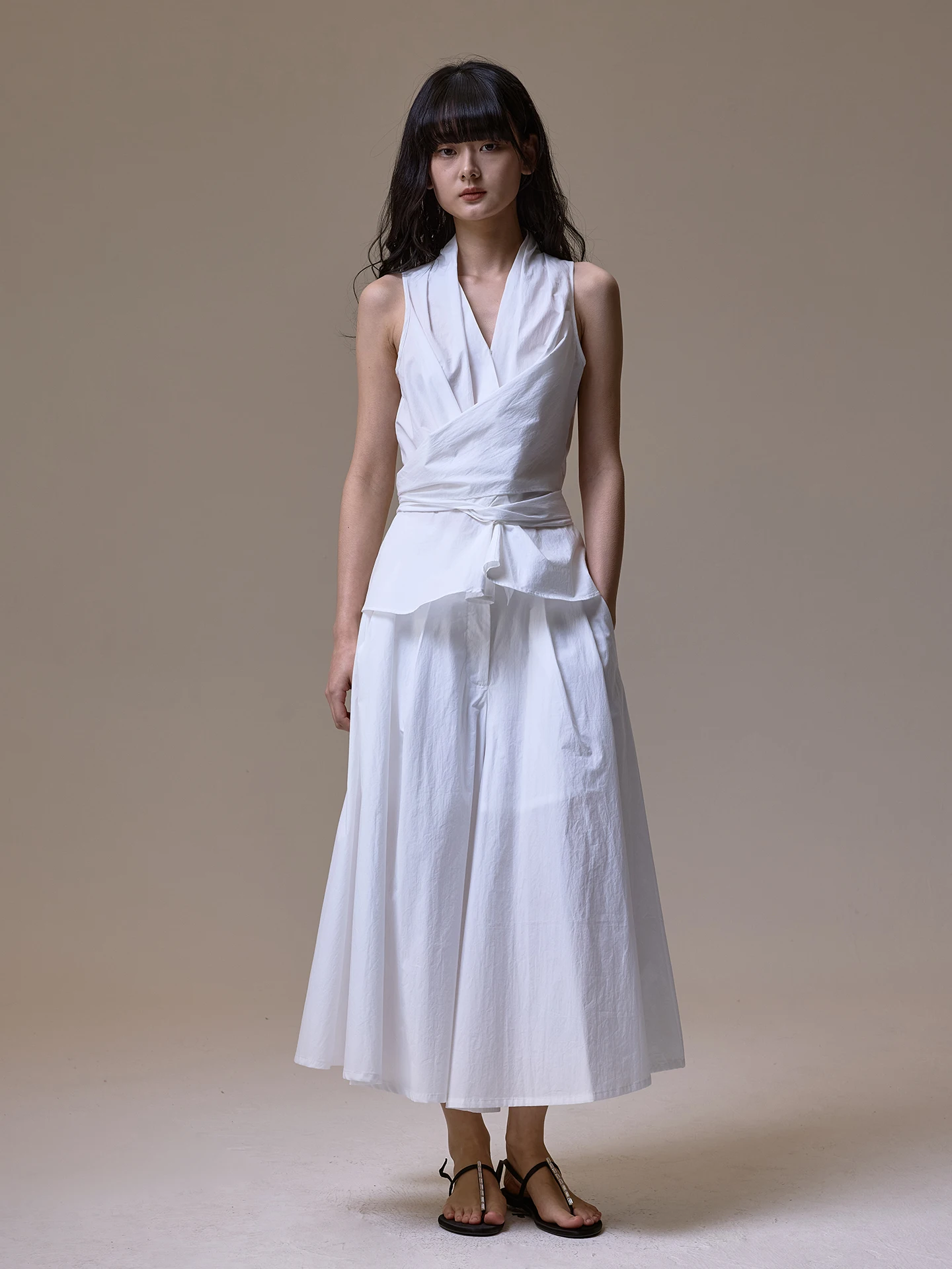 

Simple White Cotton V-ne Belted Top And f Skirt Set Summer New Arrival Women's Faion Ensemble Loose Fit ort Length