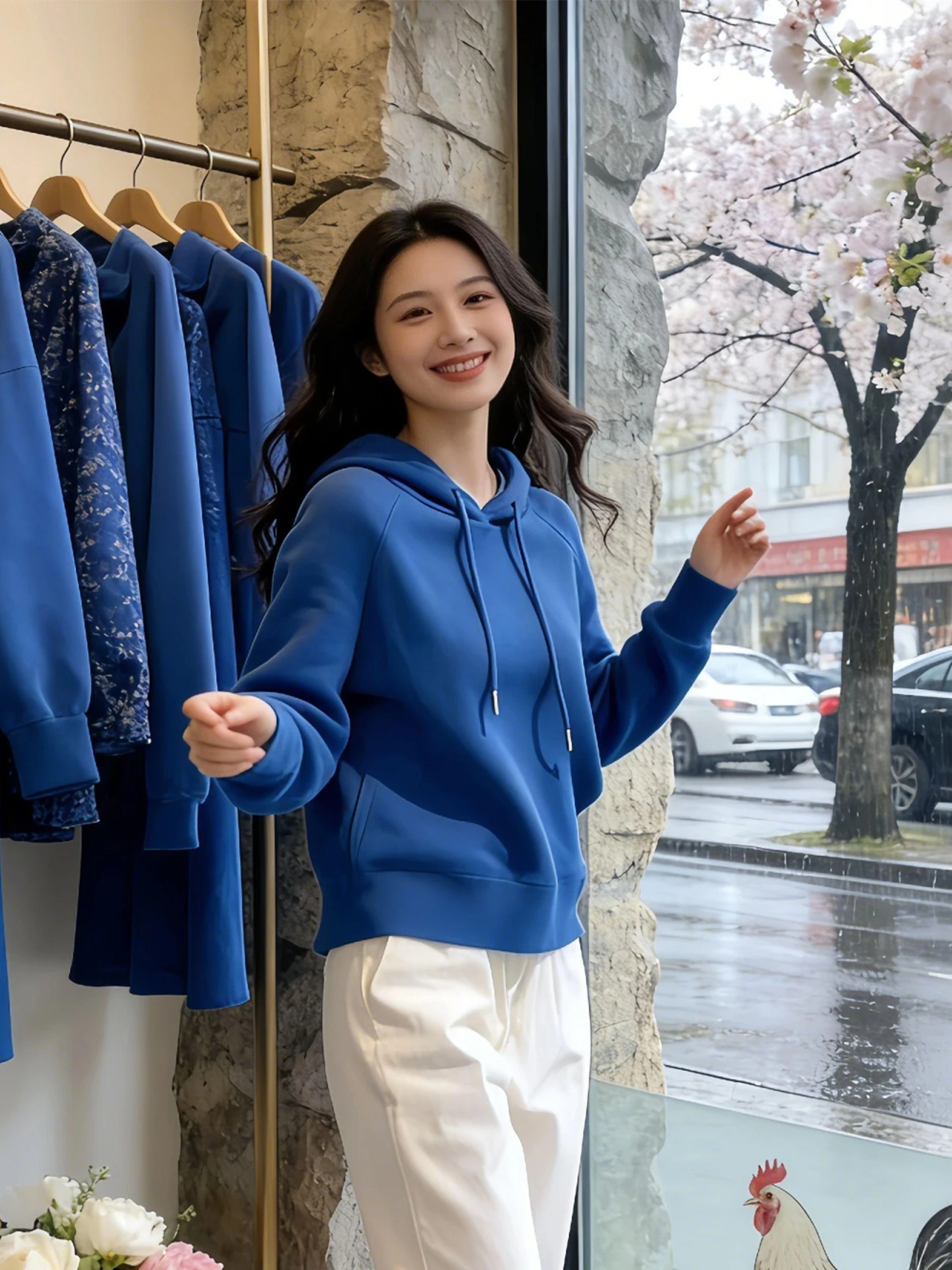 

Retro Korean Style Blue Hoodie Long Sleeve Slimming Top Beautiful Unique Women's Fashion Spring Autumn New Arrival
