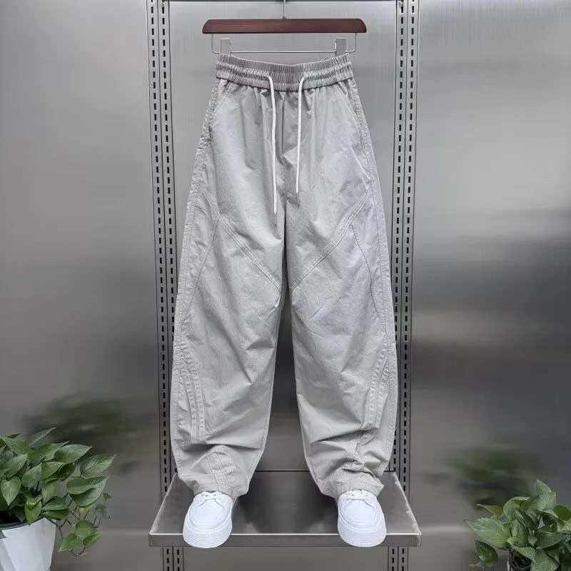 Men Solid Color Stitch Parachute Pants Loose Wide Leg Casual Streetwear Trousers