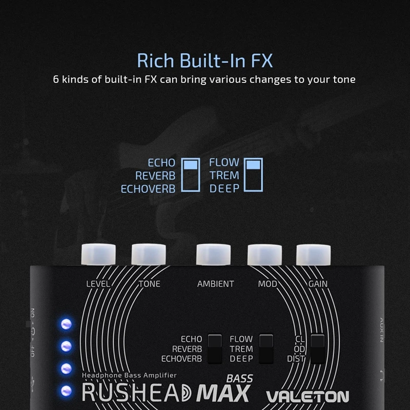 Valeton RH-101 Rushead Max Bass USB Chargable Portable Pocket Bass Headphone Amp Carry-On Bedroom Plug-In Multi-Effects