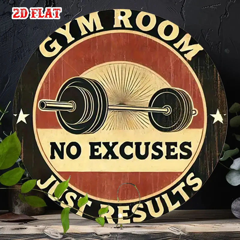 2D Flat, 1pc Vintage Gym Motivational Metal Wall Sign - No Excuses Results Fitness Decor with Barbell Design & Gym Icons, 7.8''