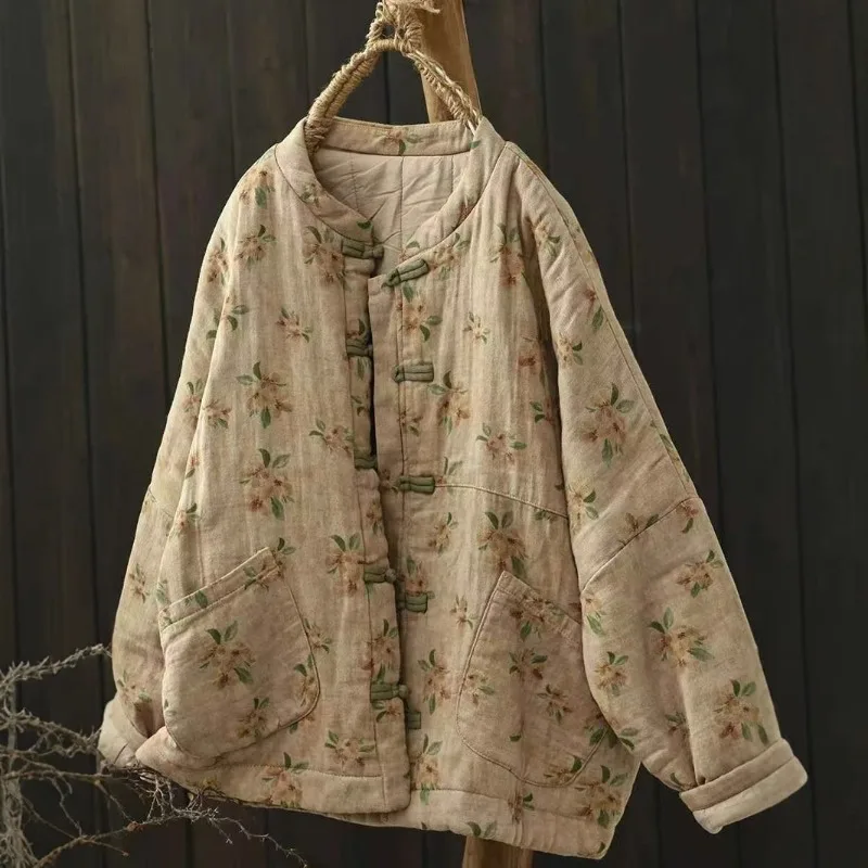 

Винтажные парки с воротником-стойкой, розовые, синие, желтые, с принтом, женские куртки 2025 года, новые зимние свободные теплые однобортные пальто с длинными рукавами