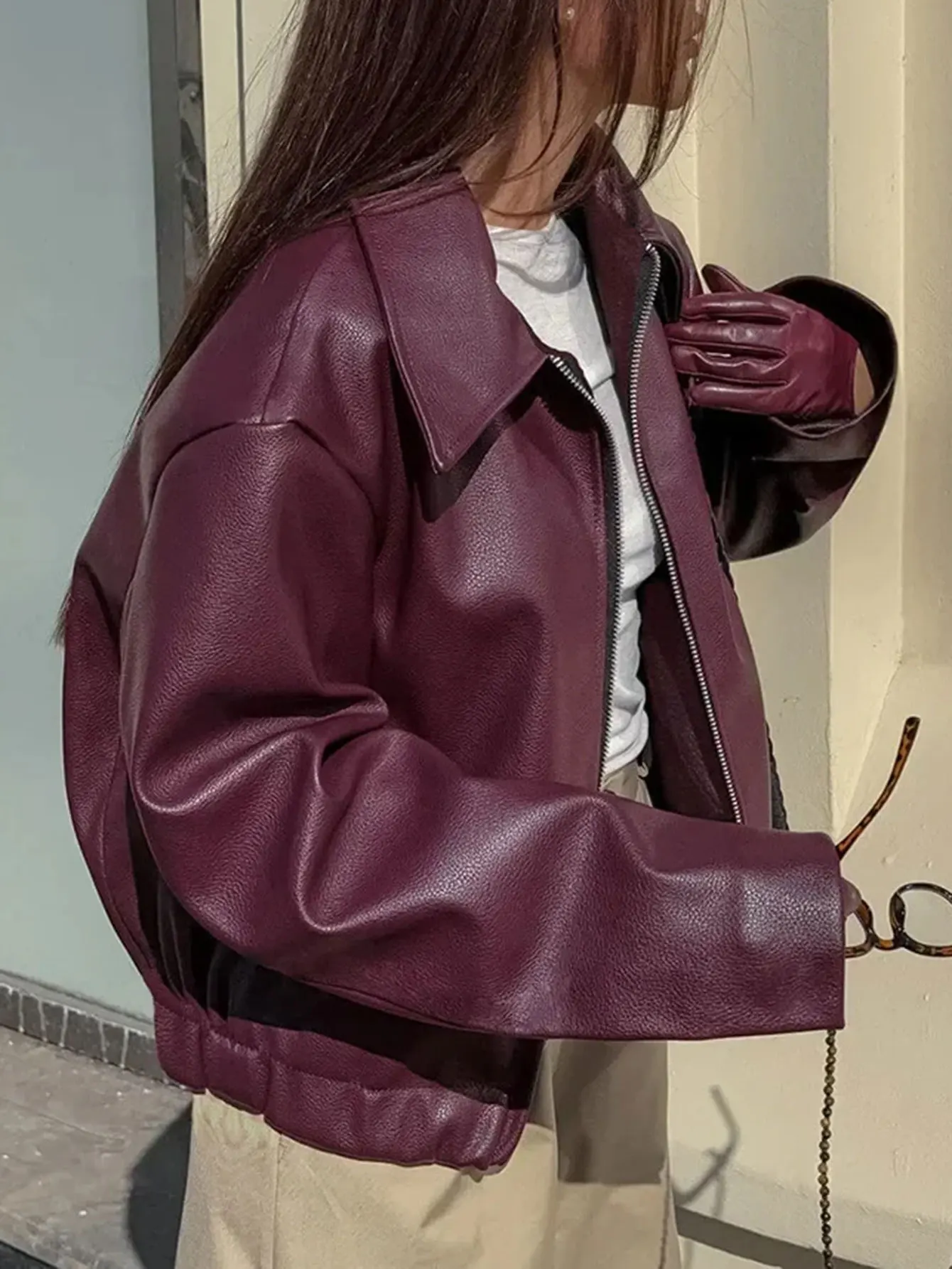 Casaco de couro estilo casual feminino elegante sem decoração jaqueta para uso diário