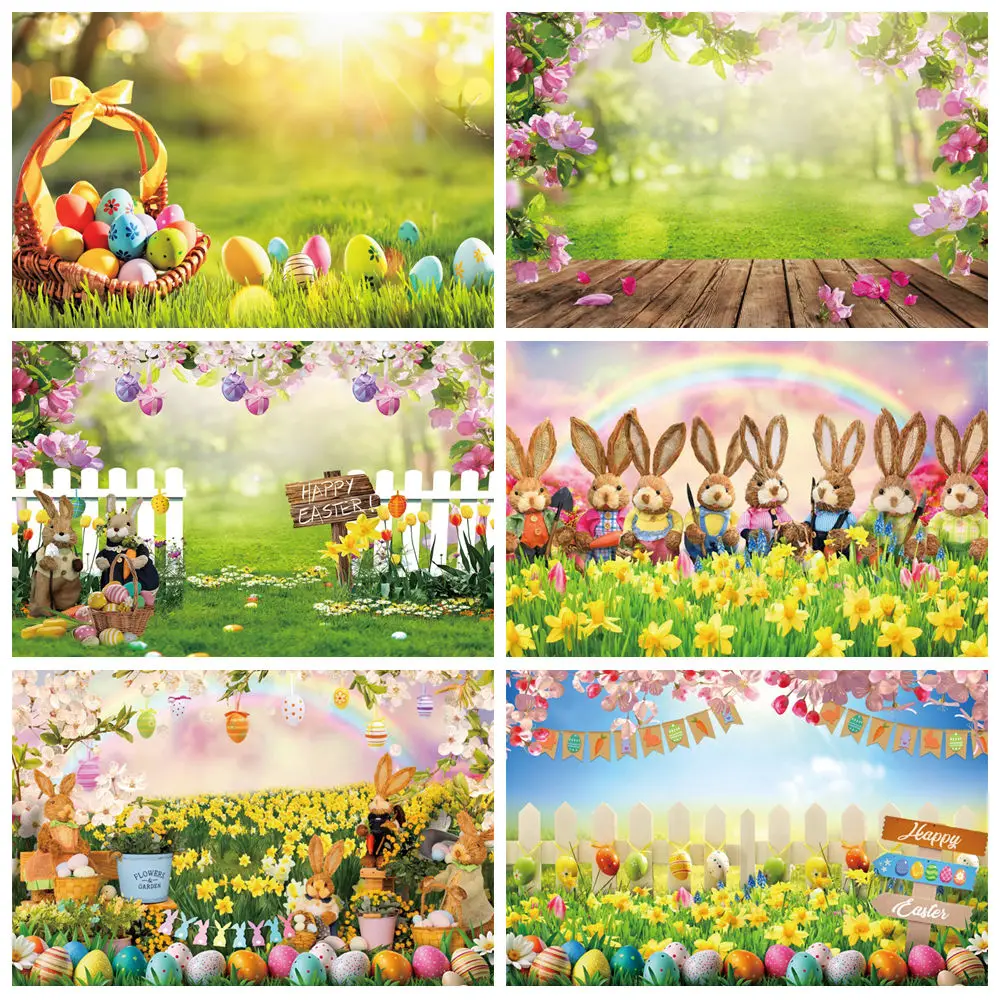 

Spring Easter Backdrop For Photography Flowers Grass Colorful Eggs Rabbits Wood Door Baby Portrait Background Decor Photo Studio