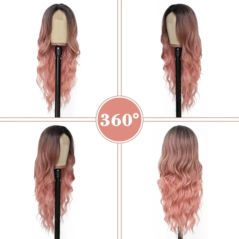 

Wig 28 Inch Synthetic Hair Wig Long Lace Ombre Blonde Pink Curly Wavy For Women Girl Middle Part Machine Made Daily Party Dating