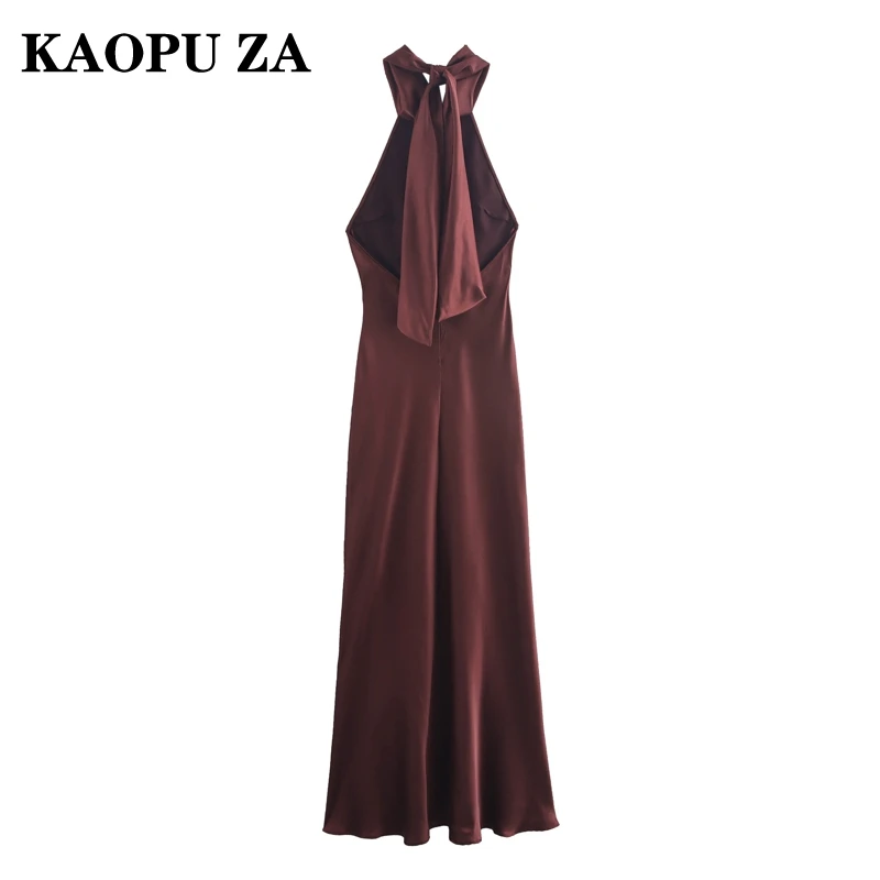 KAOPU ZA 2024 New Summer Women’s Chic Backless Satin Long Dress Female Off Shoulder Pleated Evening Dress Fashion Party Outfit