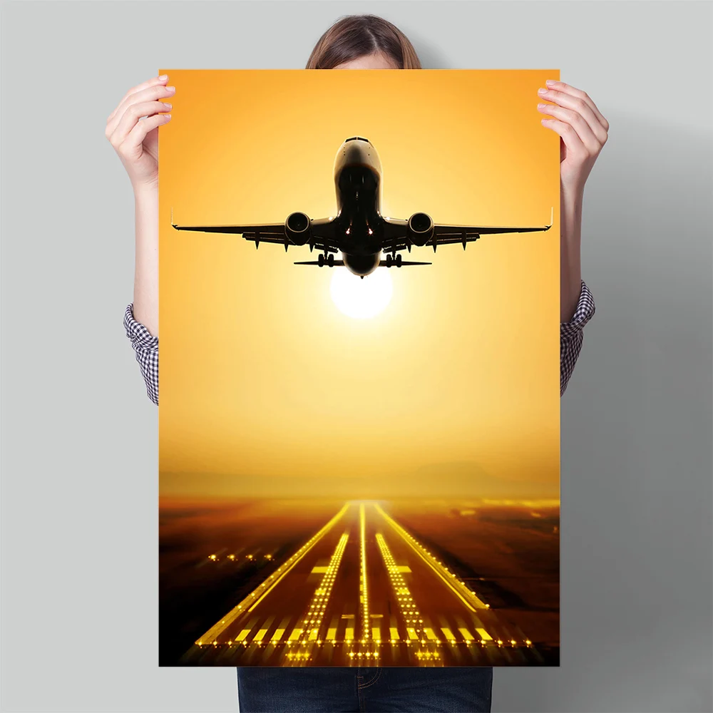 Passenger Plane Ascending at Sunset Canvas Painting Prints Wall Art Illustration Home Decor Poster Room Decoration