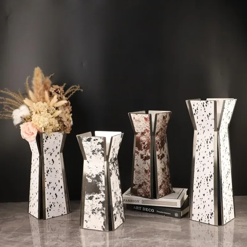 Luxury Stainless Steel Vase, Splashed Ink Art Leather Metal Flower Vase, Flower Arrangement, Living Room Decoration Ornament