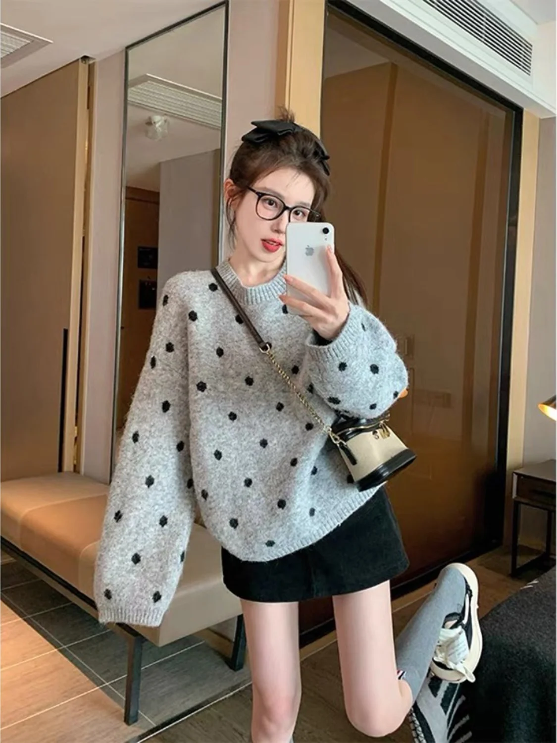 

Khaki Polka Dot Oversized Casual Thiened Women's Knitwear 2025 New Autumn Winter Leisure Sle Inner Wear Long Sve