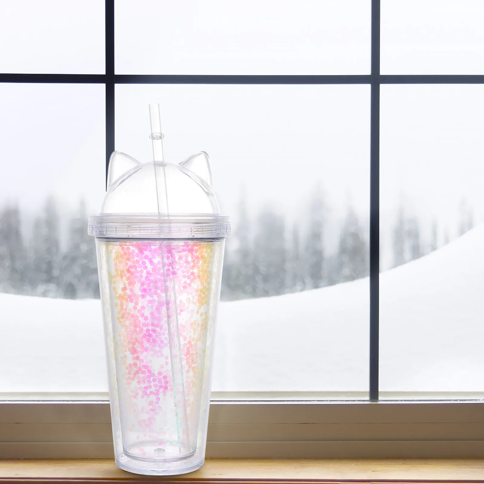 1Pcs 420Ml Cat Ear Flashy Sequin Water Cup Double Wall Plastic Bottle As Ps Safe Material Travel School Office Gift Stylish Pink