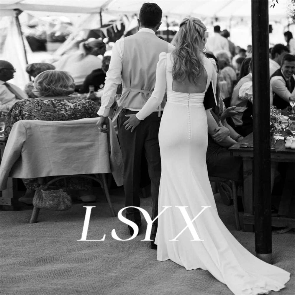 LSYX Sample Deep V-Neck Long Puff Sleeves Crepe Mermaid Wedding Dress For Women Open Back Cut Out Bridal Gown Custom Made