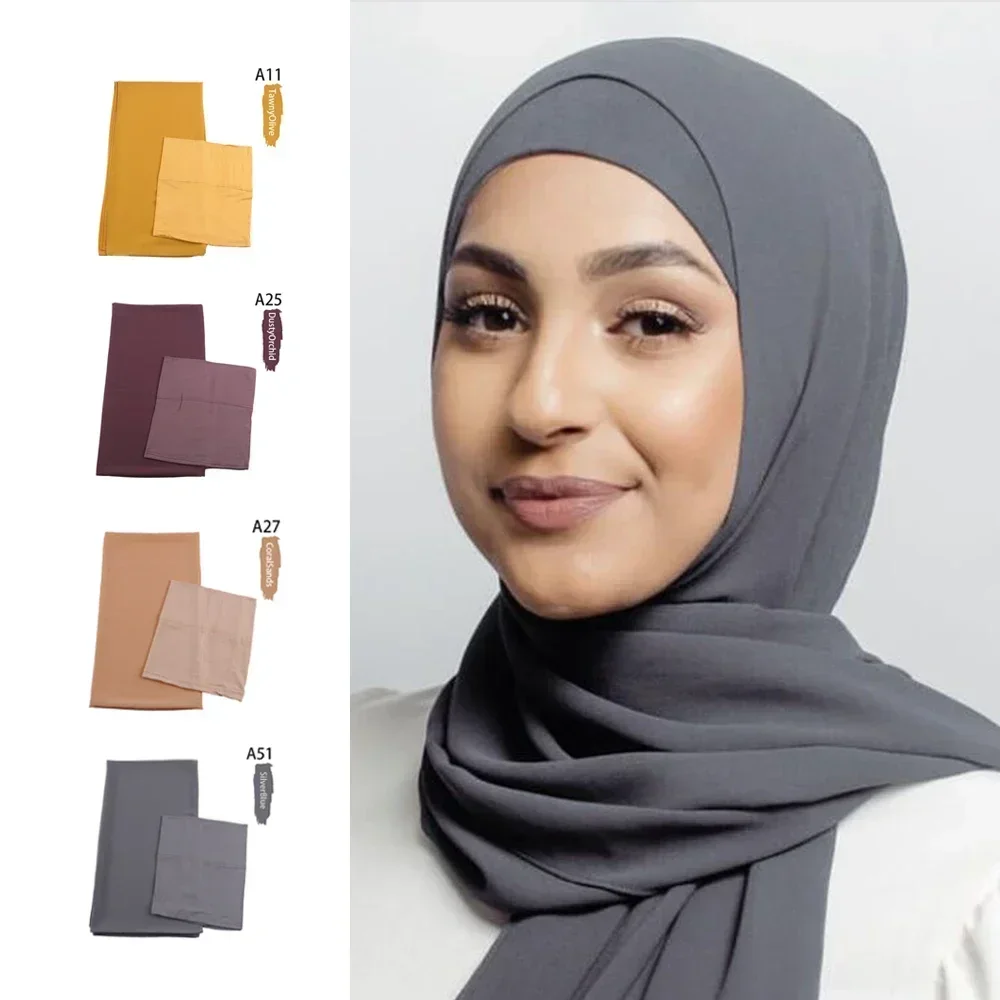 Hijab de gasa con gorro interno a juego para mujer musulmana, pañuelo para la cabeza, chal largo de gasa con Jersey de Color a juego, gorras