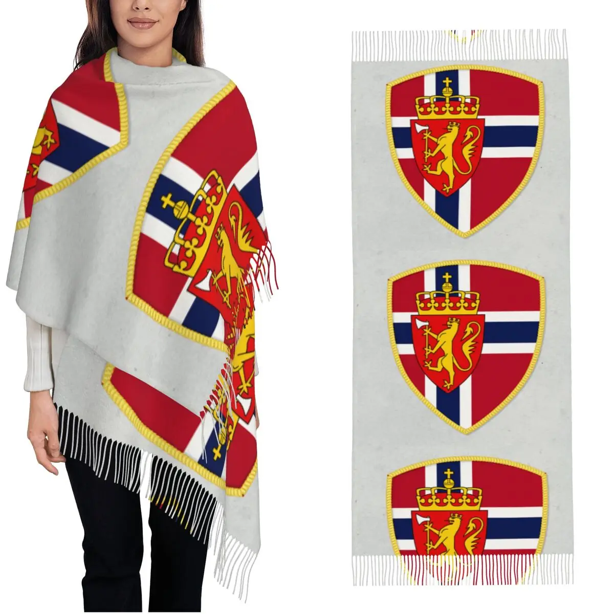 

Women Scarf Warm Soft Norway Flag Headwear Scarves with Long Tassel Retro Shawls and Wraps Winter Printed Foulard