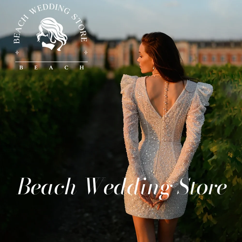 

Beach Deep V Neck Long Sleeve Sequin Mini Bridal Dress with Puff Shoulder Floor Length Wedding Gown Vestidos De Novia Customized