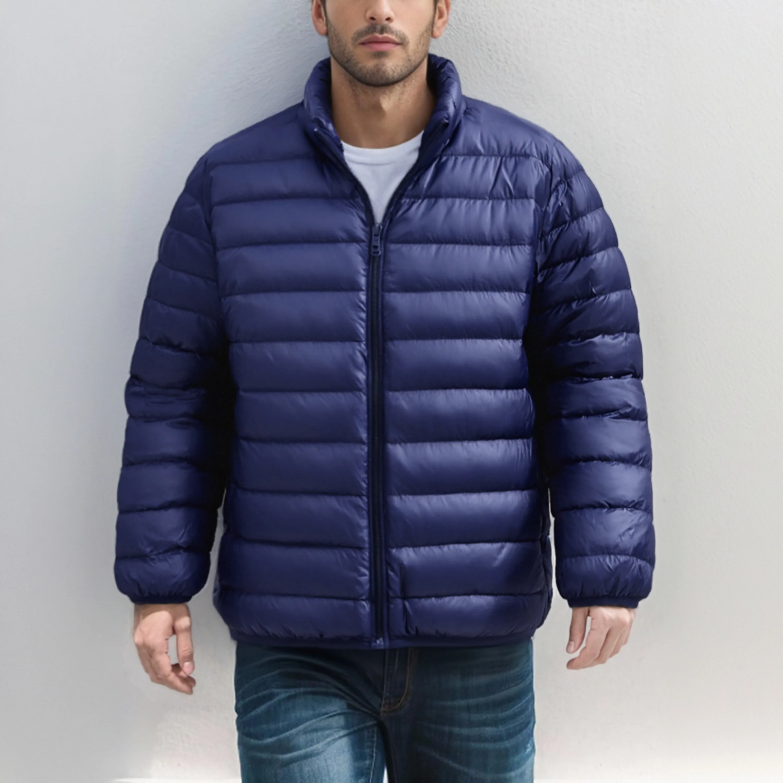 سترة رجالية فاخرة خفيفة للغاية للاستخدام الخارجي والمكتب مقاومة للبرد معطف مبطن دافئ بياقة واقفة سترة شتوية مريحة وناعمة يومية