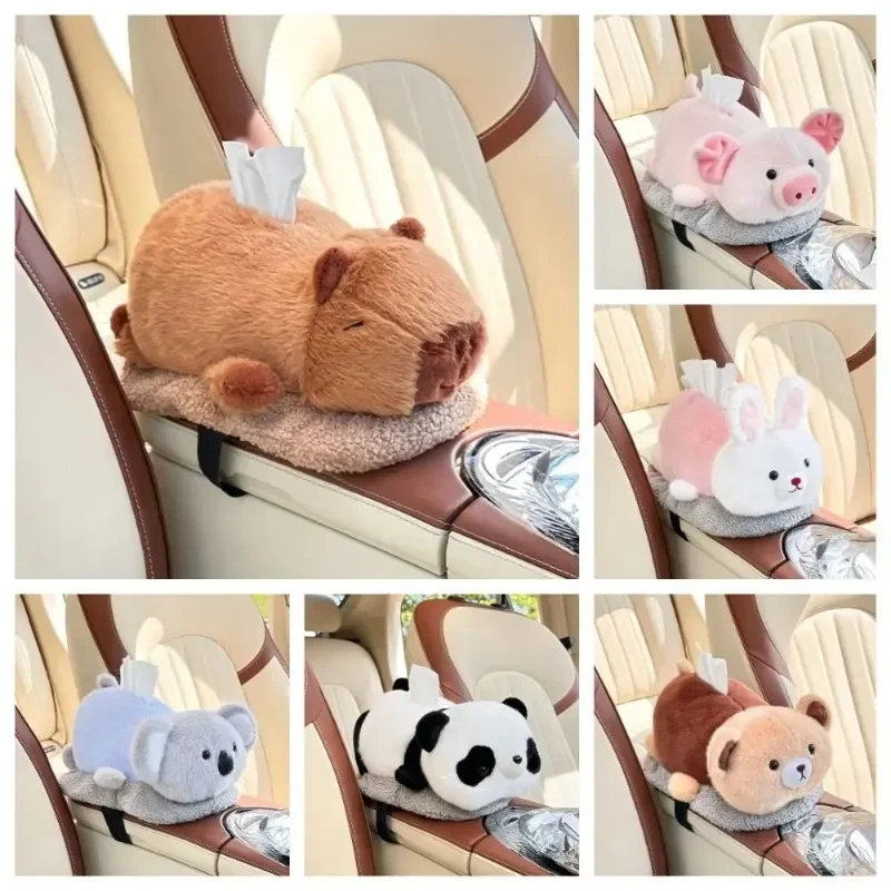 Capybara Car Tissue Box Panda Cartoon Animal Backseat Tissue Holder Cute Elastic Buckle Napkin Organizer Car Seat