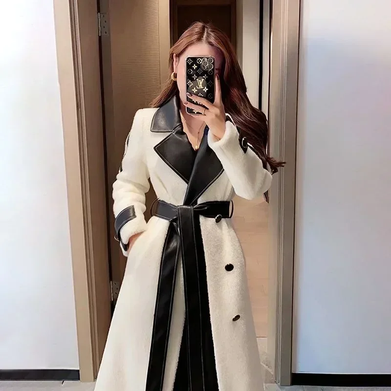 معاطف وسترات معطف صوفي نسائي موضة جديدة جو فردي مزاجه اللون الربط معطف طويل قطيفة امرأة