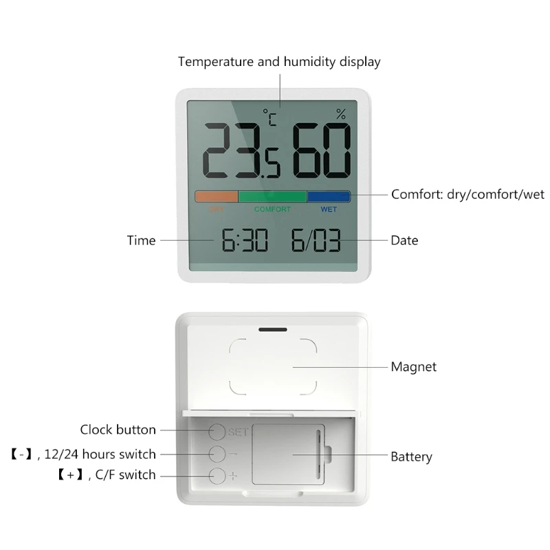 Mute Temperature & Humidity Meter with Clock 3.34inch Huge LCD Screen Indoor