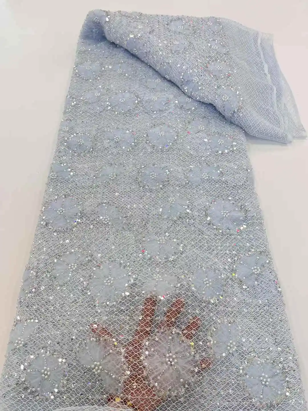 新デザインレース生地高品質レースチュールメッシュネットレース生地 2025 高級ハンドビーズ花嫁のウェディングドレス 5 ヤード