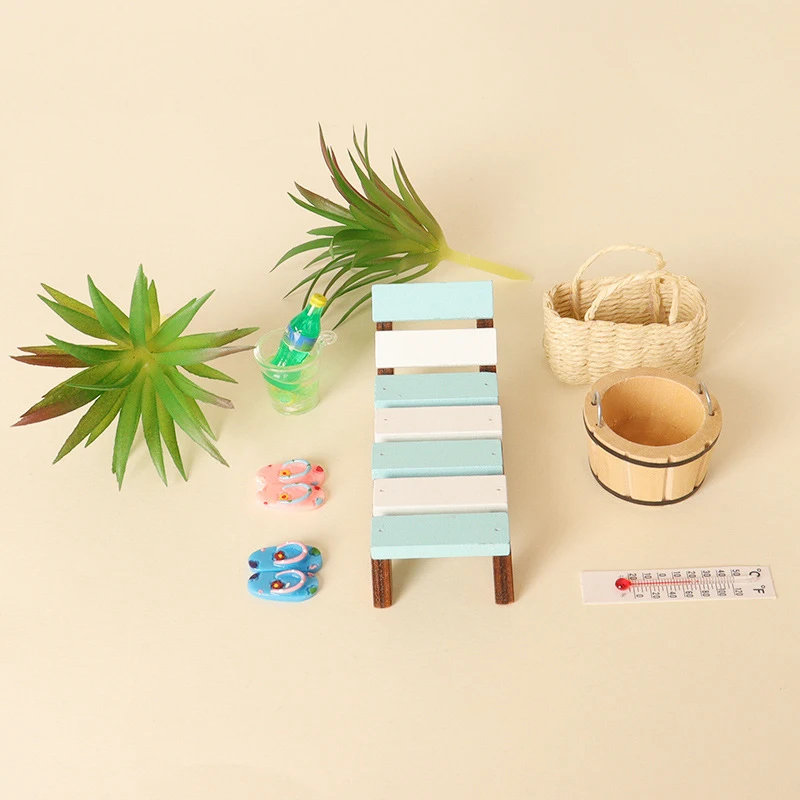 

1Pcs/1Set Doll House Miniature Beach Wooden Deck Chair Drink Model Ornaments Scene Shooting Props