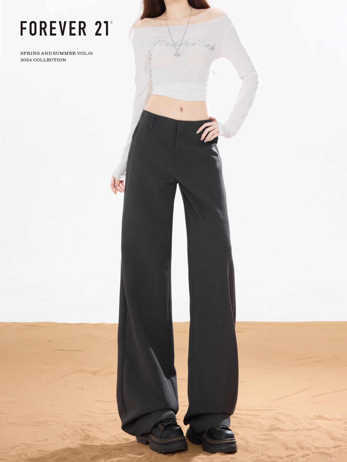 Forever 21 American Grey Wide Leg Drapey Casual Pants Women Loose Slim High Waist Narrow Straight Leg Suit Pants