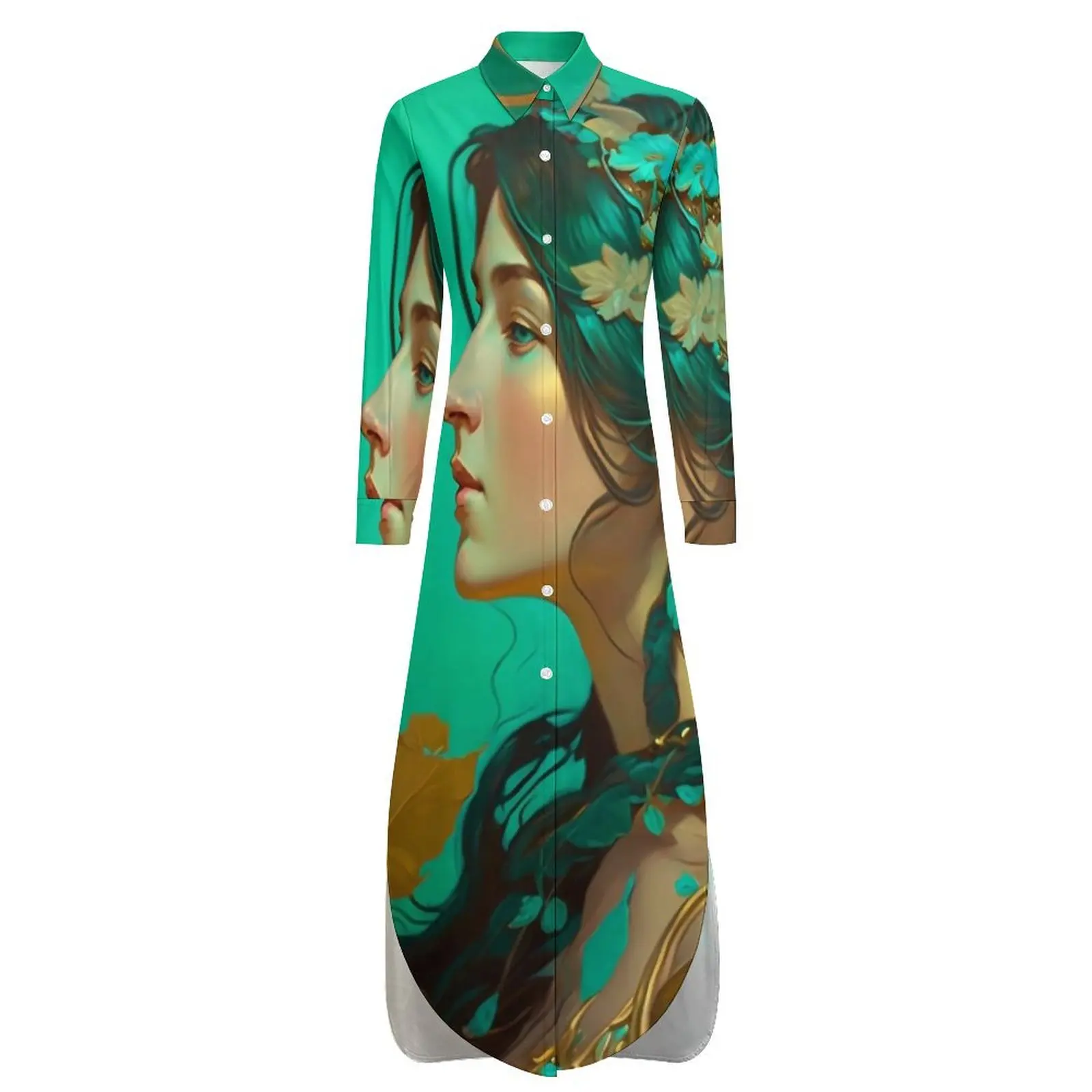 Art Nouveau Lady Print Chiffon Dress Cute Dresses Female Long Sleeve Korean Fashion V Neck Graphic Big Size Casual Dress