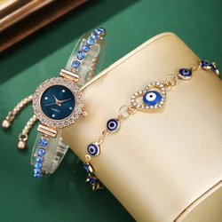 2PC Set Korean Women's Full Diamond Elegant Versatile Wrist Watch Quartz Watch