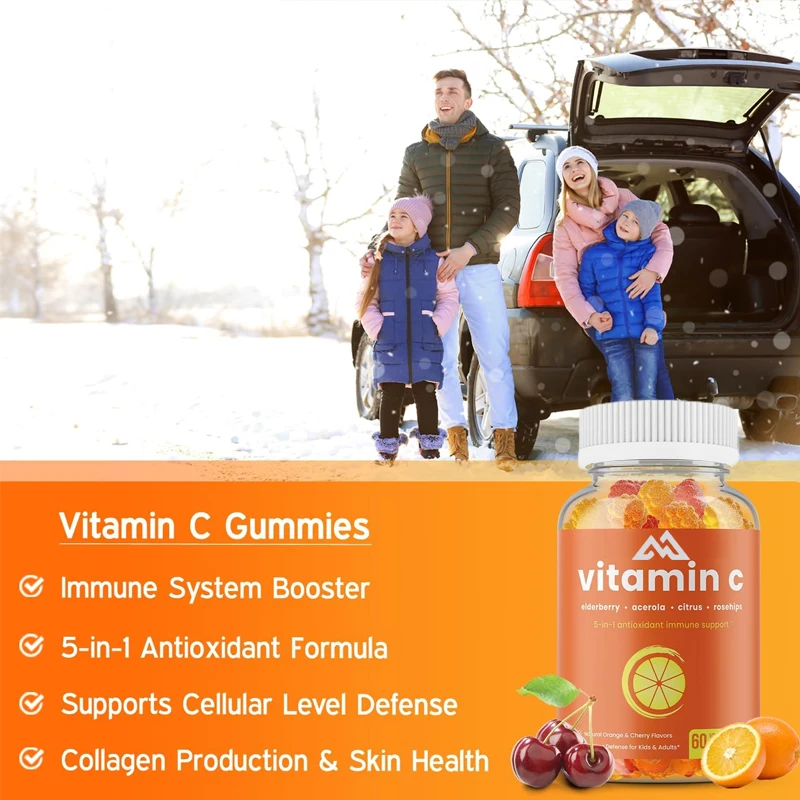 Adult and children's vitamin C gummies support the immune system with elderberry,rosehip,citrus flavonoids,and coniferous cherry