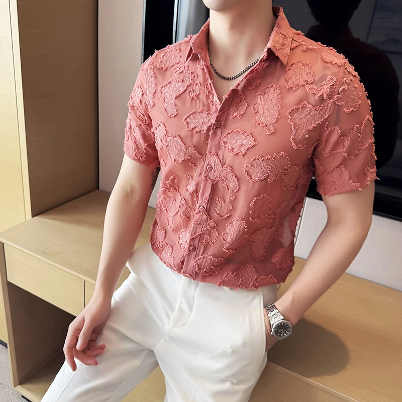 2025 Summer Mens Mesh Lace Short Sleeve Shirt Men Streetwear Hollow-Out Dance Shirts Male Nightclub Disco White Shirts Tops