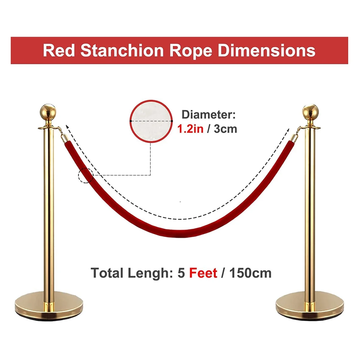 AB51 Paquete de 2 cuerdas de terciopelo con ganchos dorados, cuerda de control de multitudes, barrera de seguridad, decoración de alfombra roja, 5 pies de color rojo