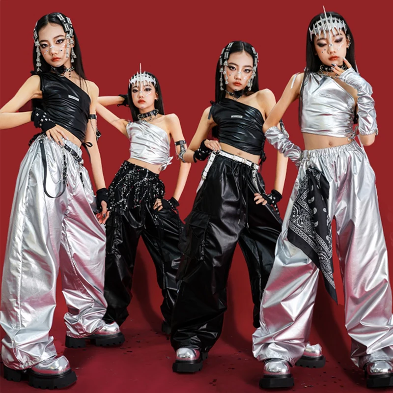 

Kpop Jazz Dance Stage Costume Girls Silver Crop Top Shuffle Pants Hip Hop Set Fashion Runways Show Outfit Street Dancewear 2214