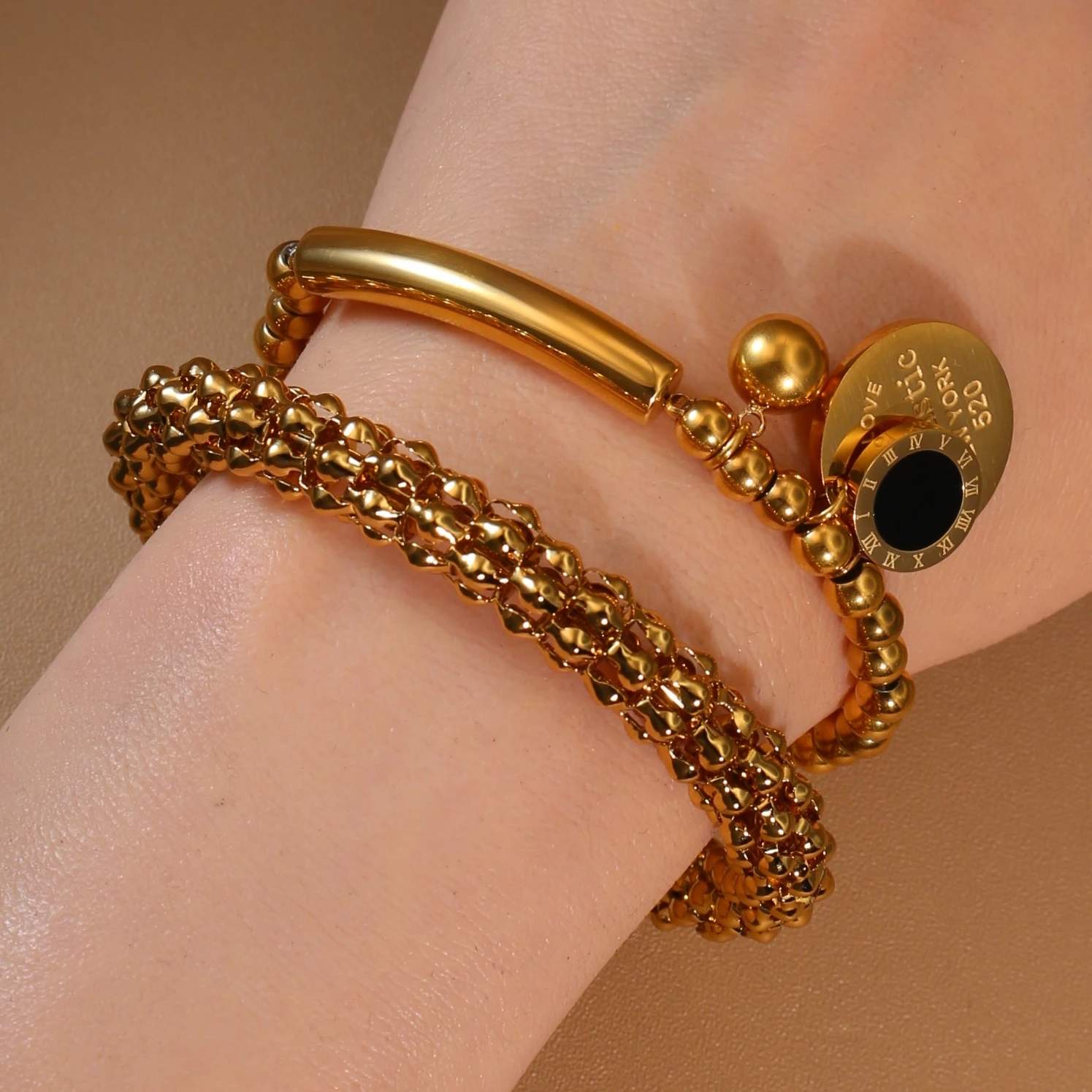 Luxury Roman Numeral Bead Bracelet 18 K Gold-Plated Stainless Steel Bangle Women's Jewelry Wholesale Gift Accessory