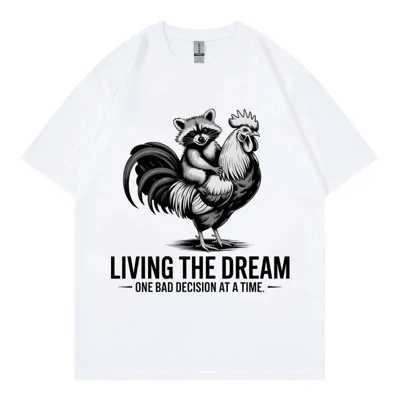 

Living The Dream Funny Raccoon Rooster Graphic T Shirts Vintage Fashion Short Sleeve T-shirts Men Women Casual Oversized T-shirt