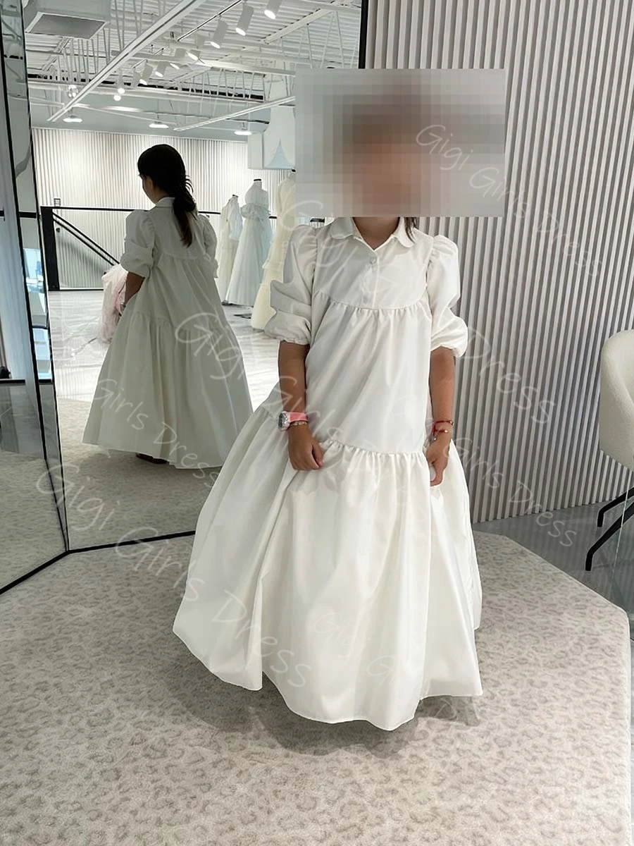 

Elegant Tiered Taffeta Flower Girl Dress for Wedding Party Kids Bean Collar High Waist Half Sleeve Holy Communion Dress Custom
