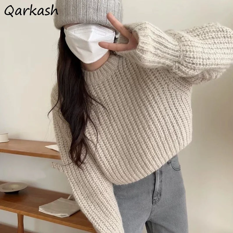 Solid Cropped Women Pullovers Baggy Sweaters Minimalist Knitwear Korean Fashion Clothes Sweet Schoolgirl Lovely Popular Gentle